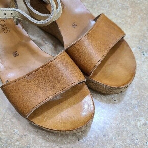 K. Jacques St. Tropez Womens Brown Leather Cork Wedge Sandals 39 Size 7.5 8 - Picture 4 of 11